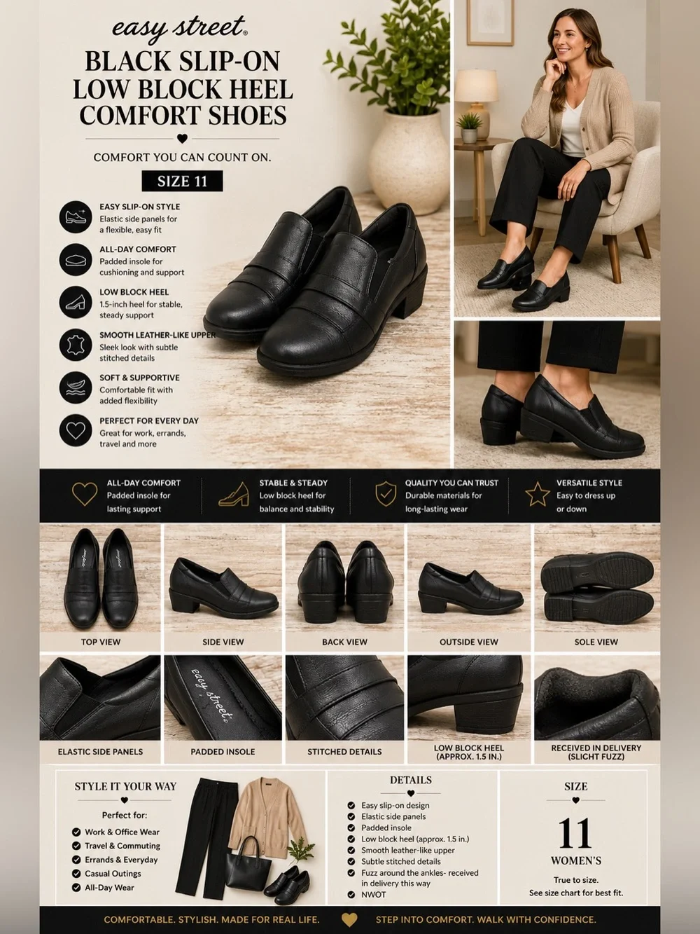 easy‎ street Black Slip-On Low Block Heel Comfort Shoes 11 NWOT